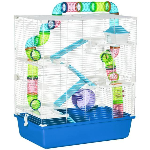 PawHut Hamster Cage w/ Water Bottle - Exercise Wheel - Tubes - Ramps - Blue | TJ Hughes