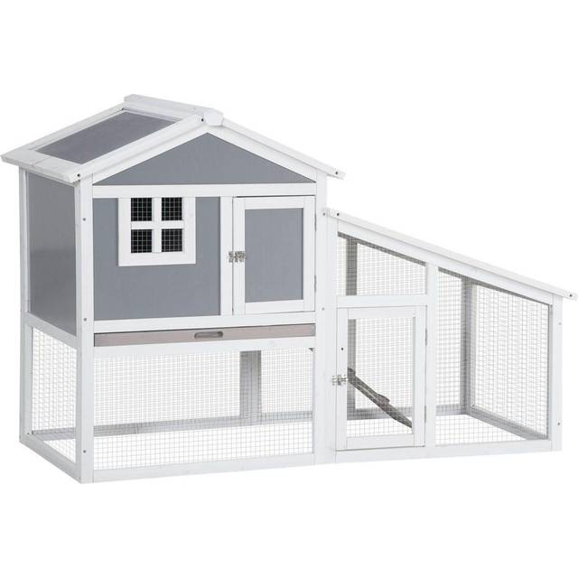 PawHut Two-Tier Rabbit Hutch w/ Sunlight Panel Roof - Slide-Out Tray - Grey | TJ Hughes