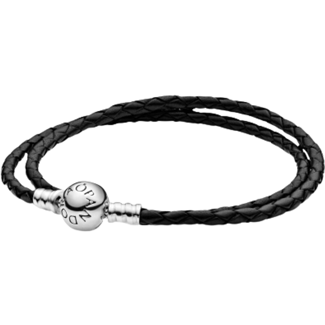 PANDORA Moments doppeltes Schwarzes Lederarmband mit geprägtem Kugelverschluss aus Sterling-Silber, vielseitig kombinierbar, Größe: 35cm