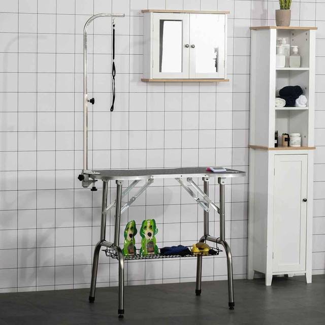 PawHut Pet Foldable Grooming Table w/ Adjustable Arm - Black, Black
