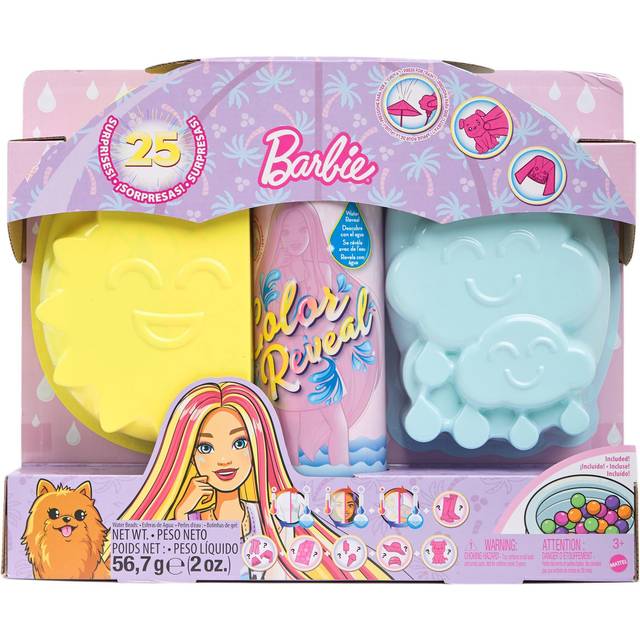 Barbie Color Reveal Sunshine and Sprinkles Doll & Accessories with 25 Surprises Including Water-Shower Umbrella & Color Change Palm Tree Theme, Gift f