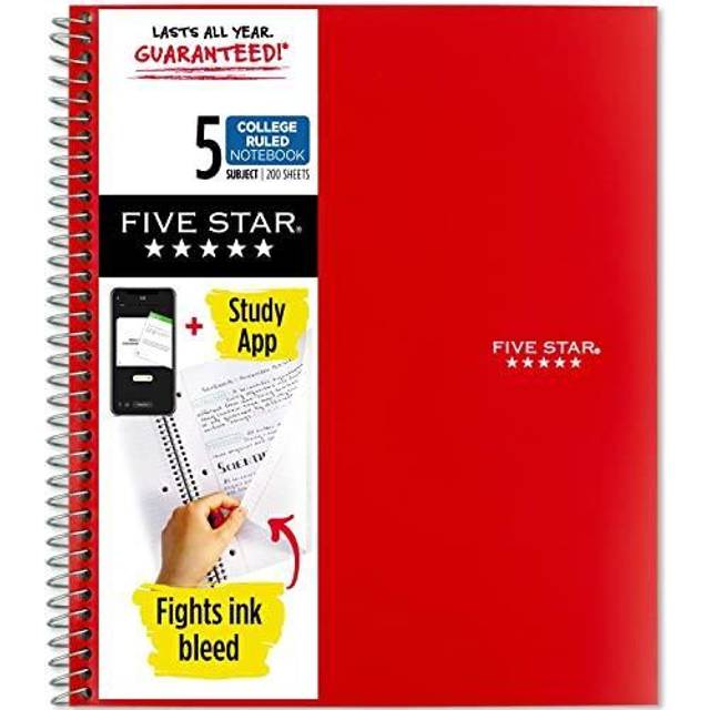 "Five Star Spiral Notebook + Study App  5 Subject  College Ruled Paper  Fights Ink Bleed  Water Resistant Cover  8-1/2"""" x 11""""  200 Sheets"