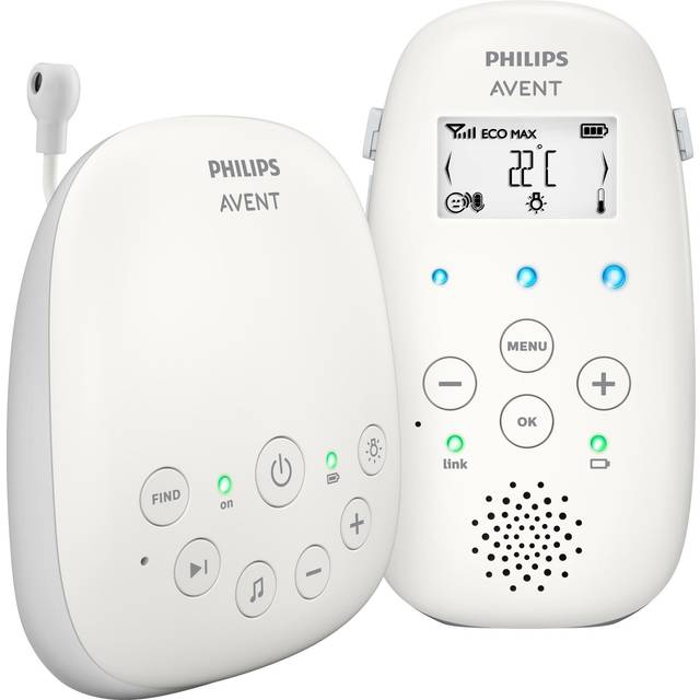 Philips Avent DECT-ljudbabyvakt med nattlampa och vaggvisor, tvåvägssamtalsfunktion, 330 m räckvidd och 18 tim trådlös användning, säker anslutning, temperatursensor, tydligt ljud, modell SCD713/26