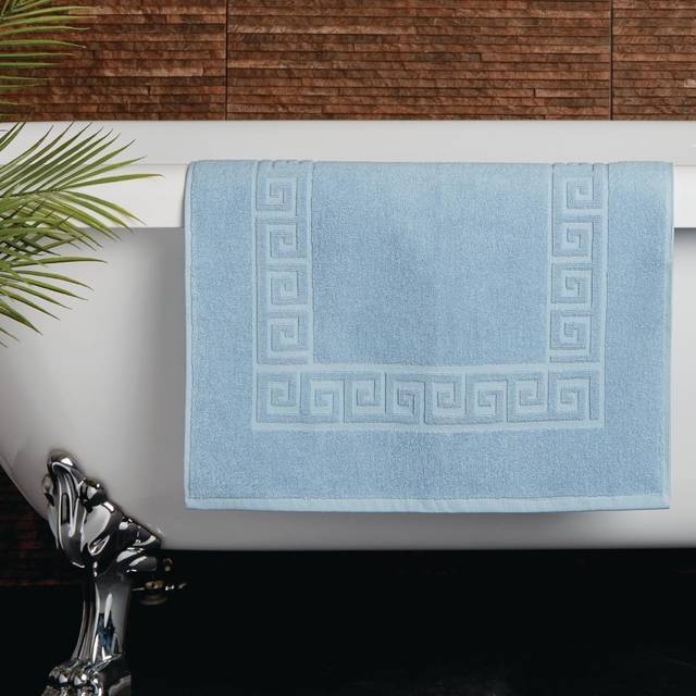 Mitre Essentials Nova Bath Mat Blue - 100% Cotton, 500G/M, Grecian Key Design - blue