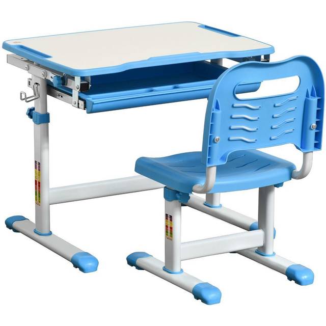 Kids Desk and Chair Set Height Adjustable Student Writing Desk Children School Study Table with Tiltable Desktop - Drawer - Pen Slot - Hook Blue Drawe