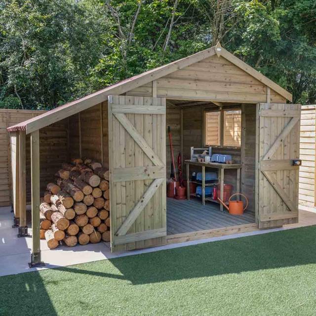 10' x 8' Forest Timberdale 25yr Guarantee Tongue & Groove Pressure Treated Double Door Apex Shed with Logstore (3.07m x 2.36m)