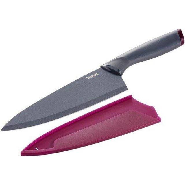 Tefal K12202 Fresh Kitchen kockkniv 20 cm | Blad av rostfritt stål med titanförstärkt non-stick beläggning | ergonomiskt handtag inkl. färgat skyddsfodral | diskmaskinssäker | svart/mörkröd