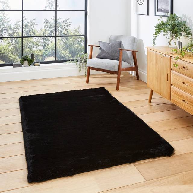 Think Rugs Super Teddy Black Rectangle 120 x 170cm Polyester Plain Shaggy, Black