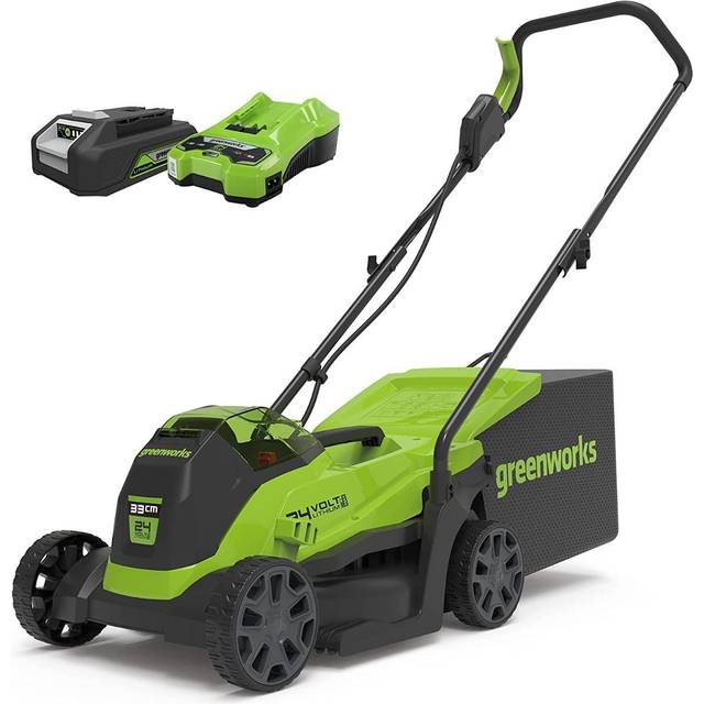 Greenworks GD24LM33K2 Batteridriven Gräsklippare med Borstlös Motor för Mindre Gräsmattor upp till 140m², 33cm Klippbredd, 30L Påse INKLUSIVE 24V 2Ah Batteri och Laddare, 3 Års Garanti