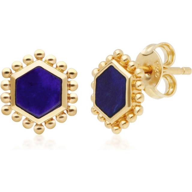 Lapis Lazuli Slice Stud Earrings in Yellow Gold Plated Sterling Silver