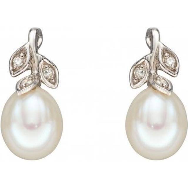Fine Jewellery by John Greed 9ct White Gold Pearl & Diamond Leaf Design Earrings For Women - gold/white