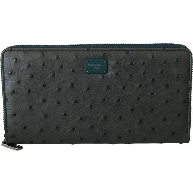 Green Ostrich Logo Plaque Zip Around Continental Wallet