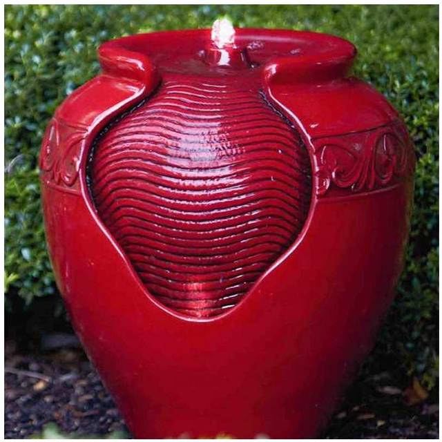 Teamson Home Outdoor Red Glazed Pot Floor Fountain w/ LED Light, Red