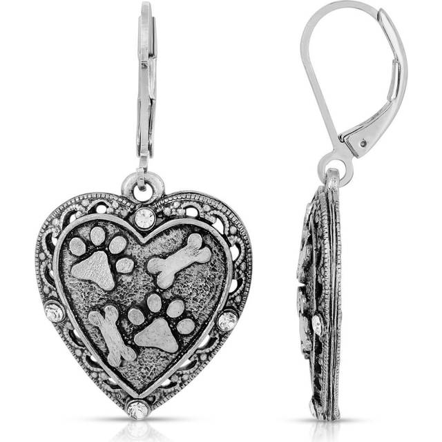 Silver Tone Heart Paw and Bones Drop Earrings - Natural (One Size)