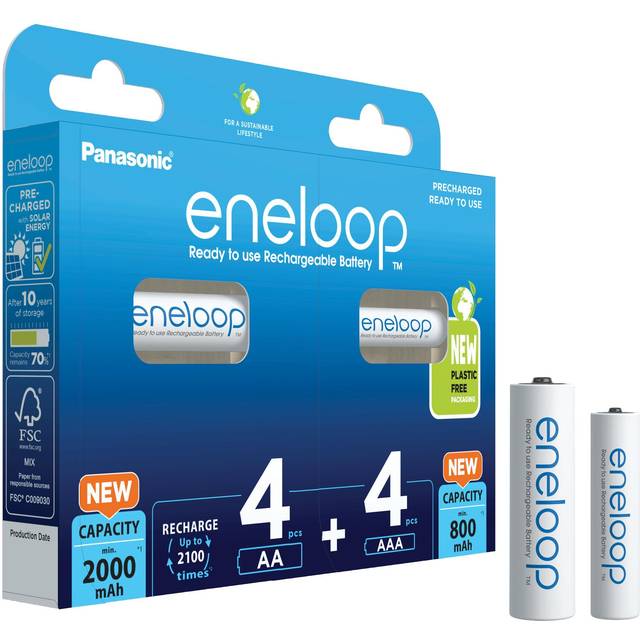 Panasonic eneloop | Ready-to-Use Ni-MH-batterier, 8-pack med 4 eneloop AA/Mignon + 4 eneloop AAA/Micro med förbättrad kapacitet, uppladdningsbara batterier i plastfri förpackning