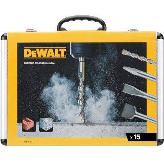 DeWalt mejsel och borrset, 15 delar SDS Plus: 4 x platta mejslar, 1 x spetsig mejsel, 10 x SDS Plus högpresterande borrbitar, inklusive 1 x aluminiumfodral, DT9679