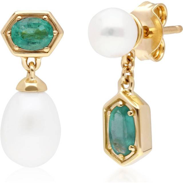 Modern Pearl & Emerald Mismatched Drop Earrings in Gold Plated Silver