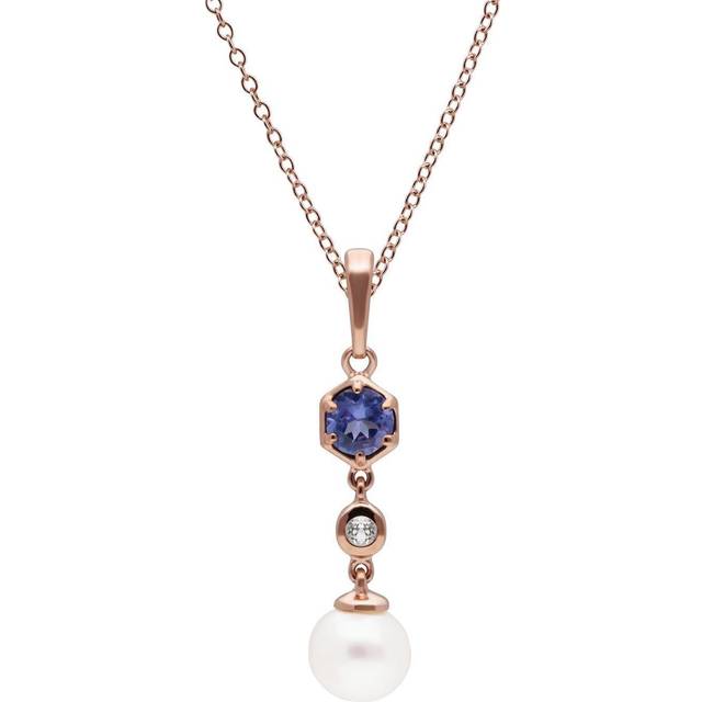 Modern Pearl, Tanzanite & Topaz Drop Pendant in Rose Gold Plated Sterling Silver - White