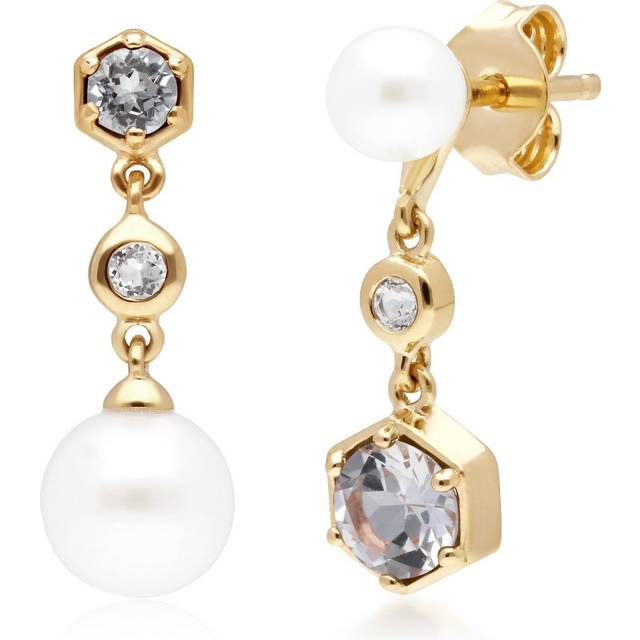 Modern Pearl & White Topaz Mismatched Drop Earrings in Gold Plated Sterling Silver