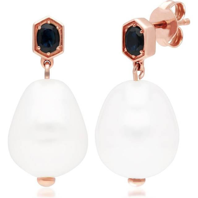 Modern Baroque Pearl & Sapphire Drop Earrings in Rose Gold Plated Sterling Silver