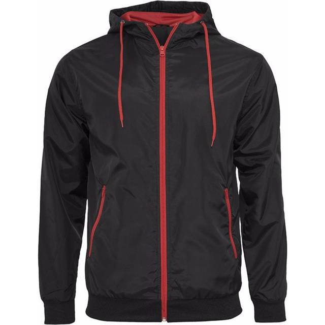 (L, Black/Red) Build Your Brand Mens Zip Up Wind Runner Jacket