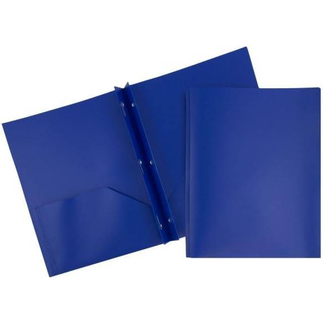 JAM PAPER Plastic Color POP Folders  2 Pocket Durable Folders with Metal Prongs Fastener Clasps  Dark Blue  Bulk 96Pack