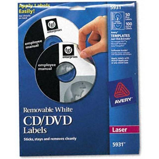 Avery 5931 CD/DVD Removable Labels for Laser Printers  White Matte  50 Pack