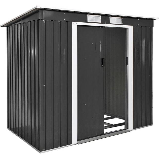 tectake® Redskapsbod, Förvaringsskåp med Skjutdörr, Metall, Lackerad och Förzinkad Stålplåt, Ventilation, Inklusive Metallfundament, Säker Förvaring med Möjlighet till Hänglås - Grå/Vit