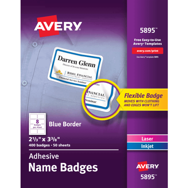 "Avery Flexible Laser/Inkjet Name Badge Labels  2 1/3"""""""" x 3 3/8""""""""  White with Blue Border  400 Labels Per Pack (5895)"