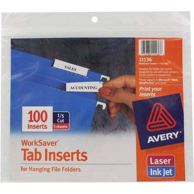 Avery  Avery Laser/Inkjet Inserts for Hanging File Folders  1/5 Tab  2 in  White  100/Pack  PK -