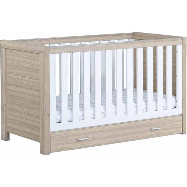 Babymore Luno Cot Bed With Drawer - White Oak, White