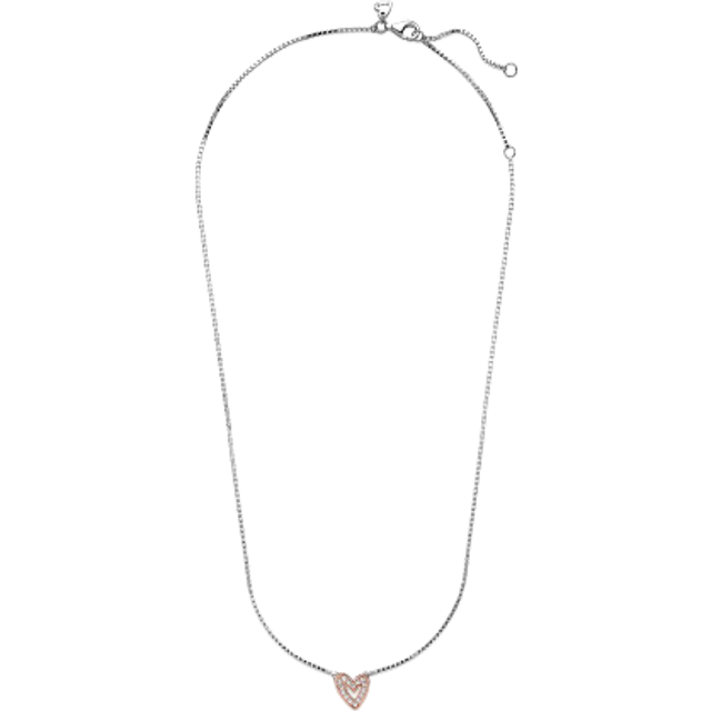 Pandora Sparkling Freehand Heart Necklace - Sterling silver and 14k Rose gold-plated unique metal blend / Cubic zirconia - Sz. 45 cm - Clear