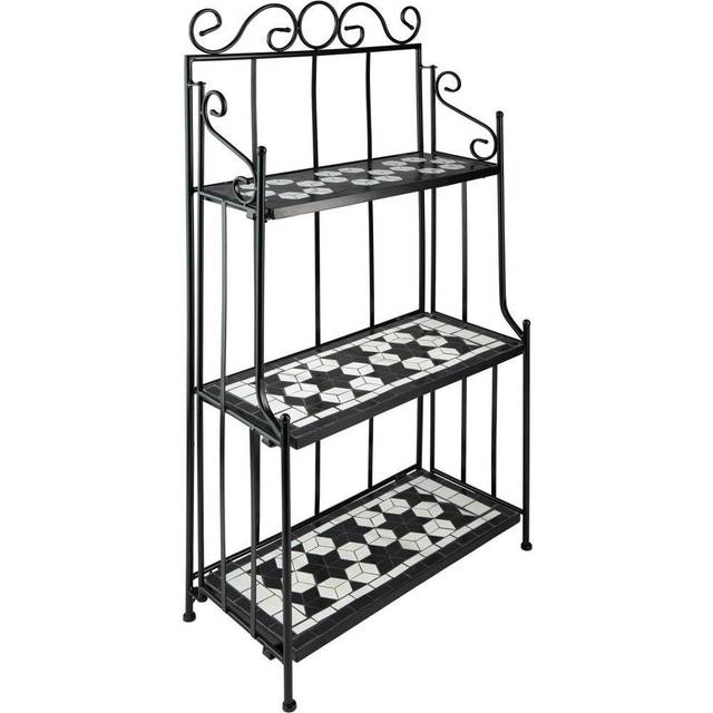 Tectake Three-Tier Mosaic Plant Stand Shelves - Black and White, Black