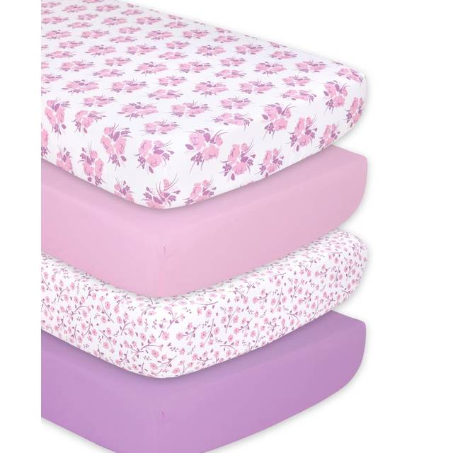 The Peanutshell Floral crib Sheet Set for Baby girls - 4 Pack - Pink  Purple