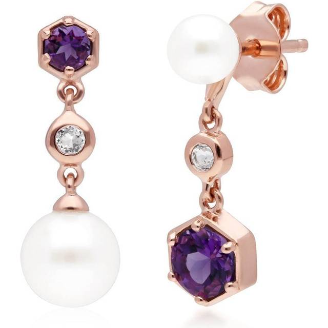 Modern Pearl, Amethyst & Topaz Mismatched Drop Earrings in Rose Gold Plated Sterling Silver