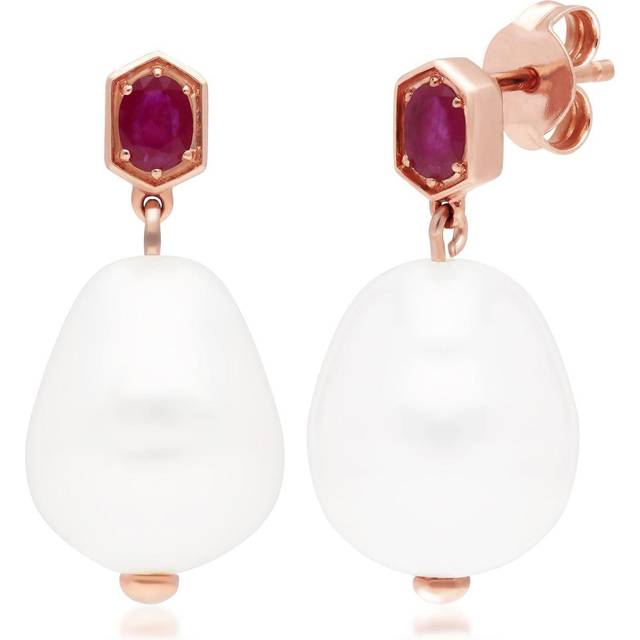 Modern Baroque Pearl & Ruby Drop Earrings in Rose Gold Plated Sterling Silver