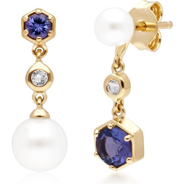Modern Pearl, Tanzanite & Topaz Mismatched Drop Earrings in Gold Plated Sterling Silver - White