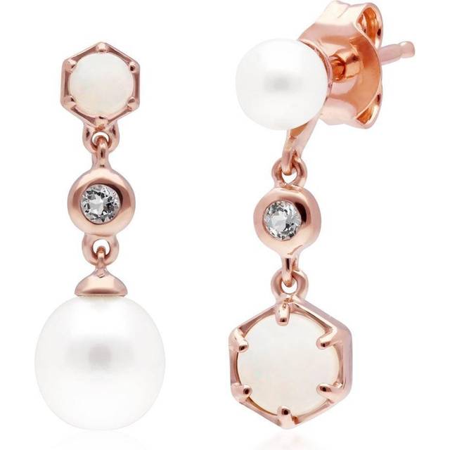 Modern Pearl, Opal & Topaz Mismatched Drop Earrings in Rose Gold Plated Sterling Silver - White