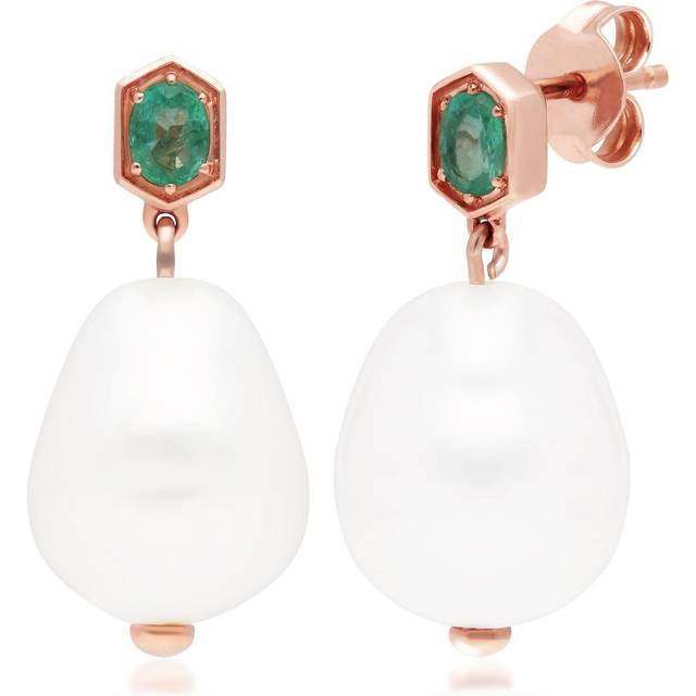 Modern Baroque Pearl & Emerald Drop Earrings in Rose Gold Plated Sterling Silver