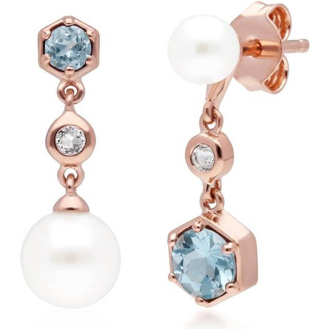 Modern Pearl, White & Blue Topaz Mismatched Drop Earrings in Rose Gold Plated Sterling Silver