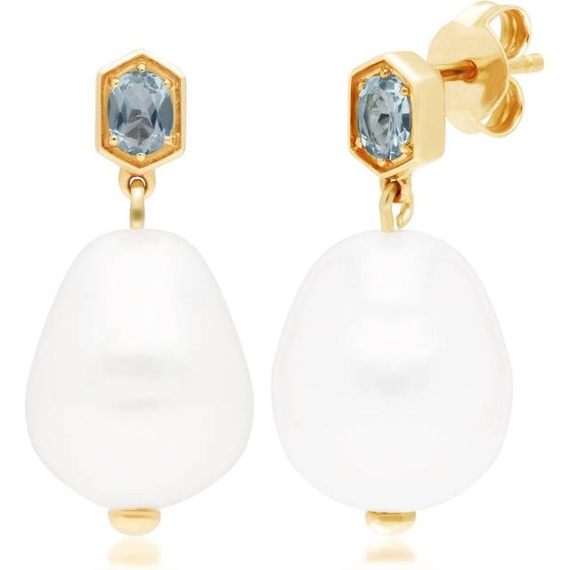 Modern Baroque Pearl & Topaz Drop Earrings in Gold Plated Silver