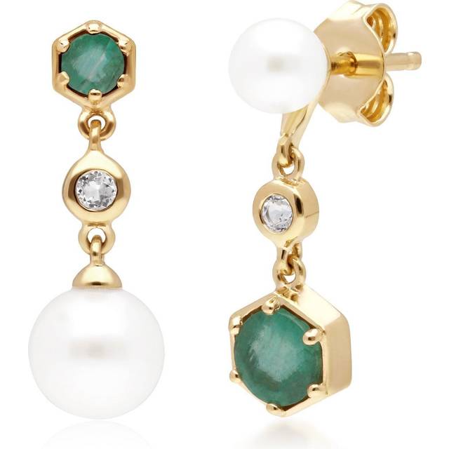 Modern Pearl, Emerald & Topaz Mismatched Drop Earrings in Gold Plated Sterling Silver