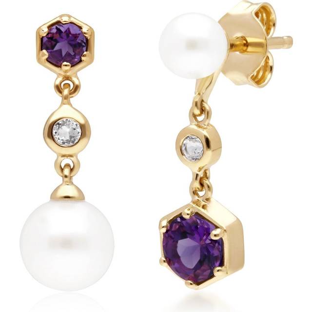 Modern Pearl, Amethyst & Topaz Mismatched Drop Earrings in Gold Plated Sterling Silver