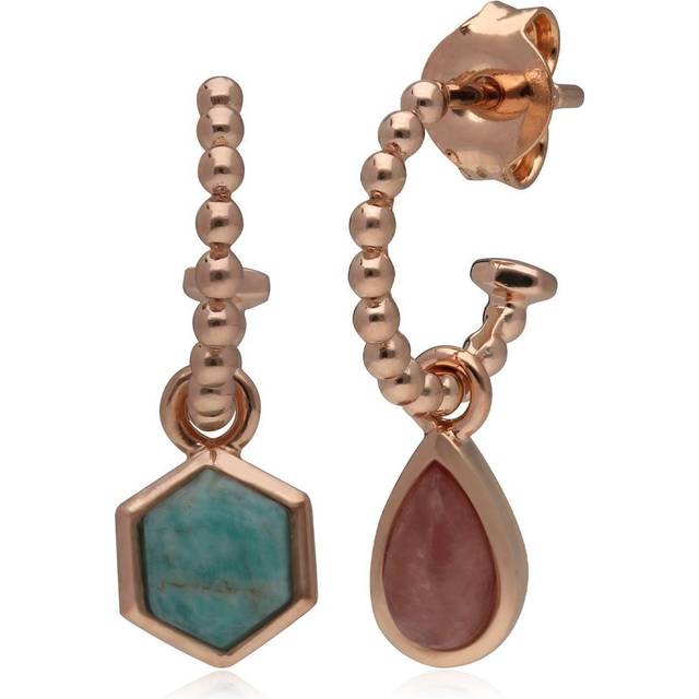 Micro Statement Rhodochrosite & Amazonite Mismatched Hoop Earrings in Rose Gold Plated 925 Sterling Silver - Pink