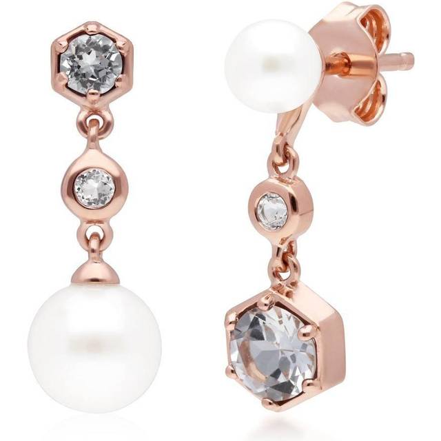 Modern Pearl, White Topaz Mismatched Drop Earrings in Rose Gold Plated Sterling Silver