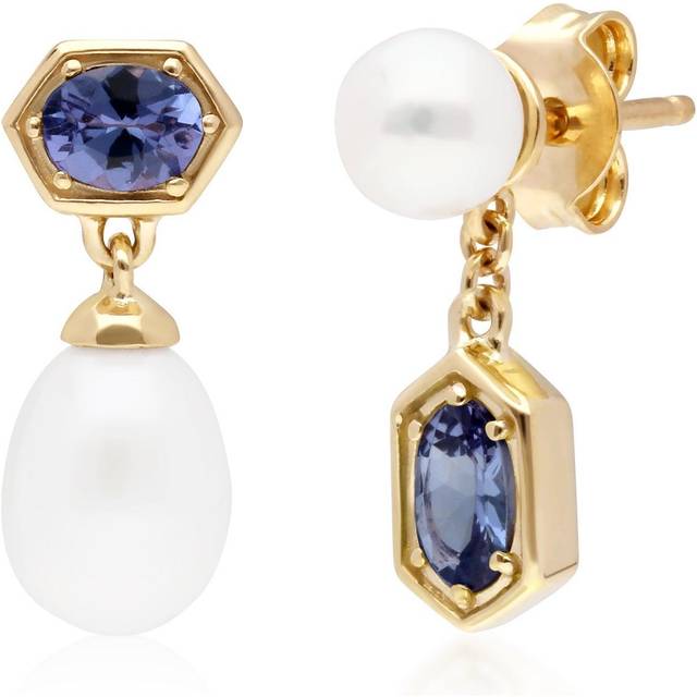 Modern Pearl & Tanzanite Mismatched Drop Earrings in Gold Plated Sterling Silver