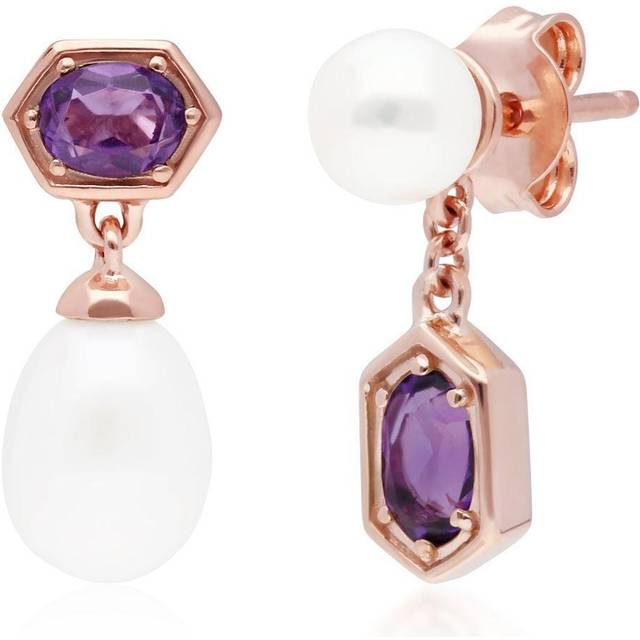 Modern Pearl & Amethyst Mismatched Drop Earrings in Rose Gold Plated Silver