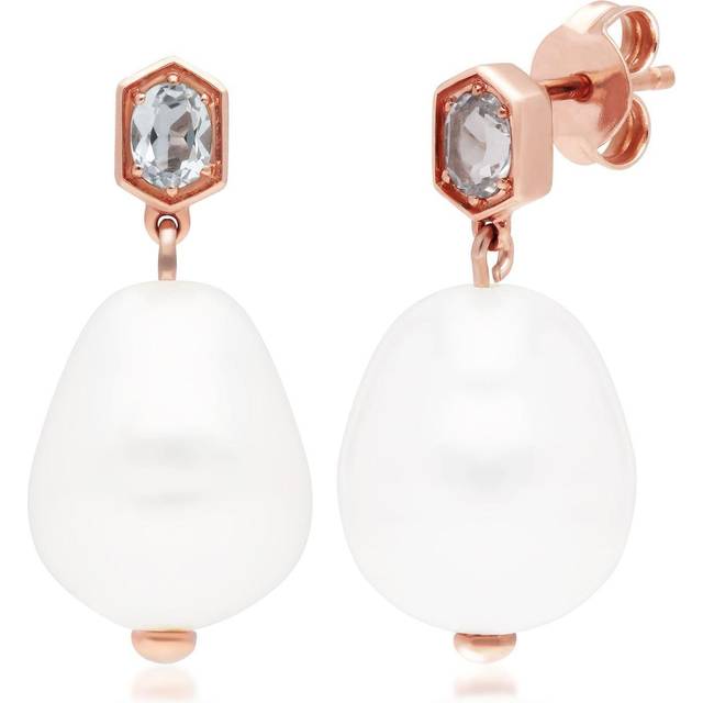 Modern Baroque Pearl & Aquamarine Drop Earrings in Rose Gold Plated Sterling Silver - White