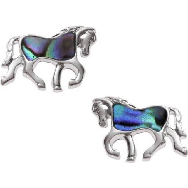 Green Blue Horse Equestrian Studs Earrings Paua Shell Silver Gift Present