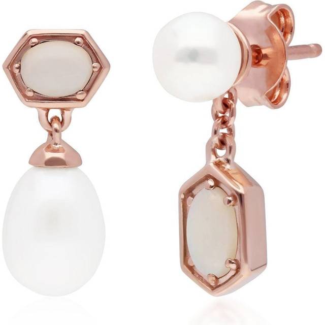 Modern Pearl & Opal Mismatched Drop Earrings in Rose Gold Plated Sterling Silver - White